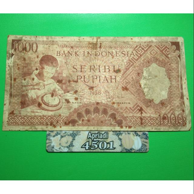 UK087 UANG KUNO ASLI 1000 RUPIAH SERI PEKERJA COKLAT TAHUN 1958 UANG KERTAS LAMA MAHAR NIKAH #Fine53