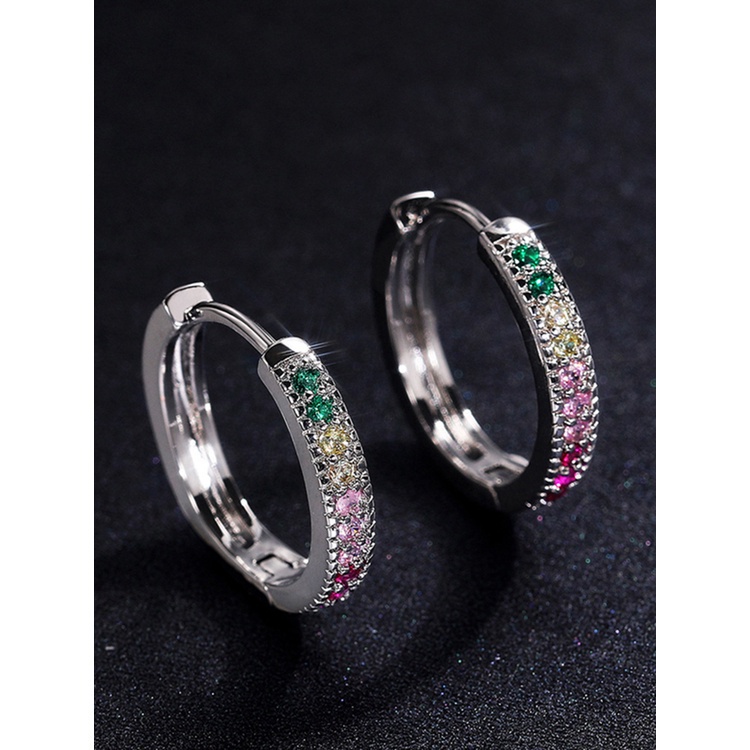 Bright Multi Color CZ Circle Earrings Hoops Silver Color Simple Stylish Women Earrings Wedding Engagement Party Jewelry