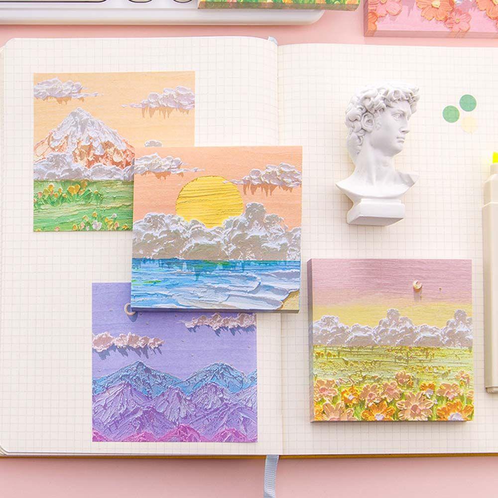 [Elegan] Lukisan Minyak Pemandangan Sticky Note Lukisan Pemandangan 80lembar/lot Notepad Bantalan Tulisan Perlengkapan Kantor Sekolah Self-Stick Note Sticky Note Paper