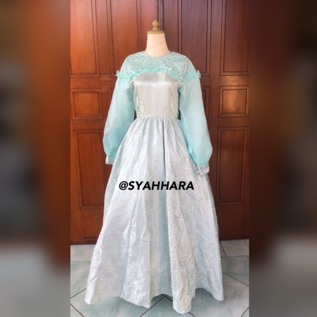 Dress Pesta Organza Mint +Jilbab Organza