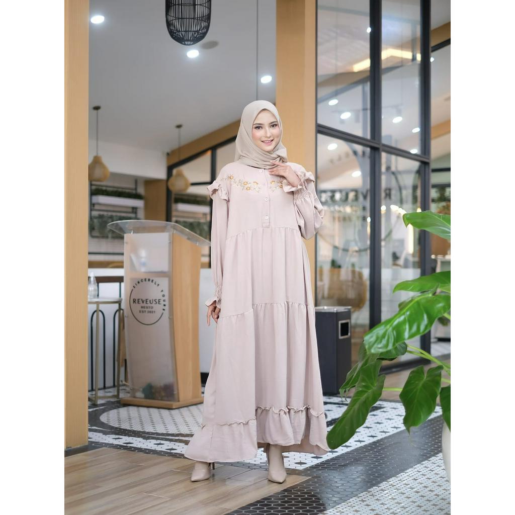 Nabila Dress Bordir - Dress Korean Style - Dress Kondangan - Dress Wanita - Gamis Crinkle Airflow Premium Semi Rempel Kancing Depan