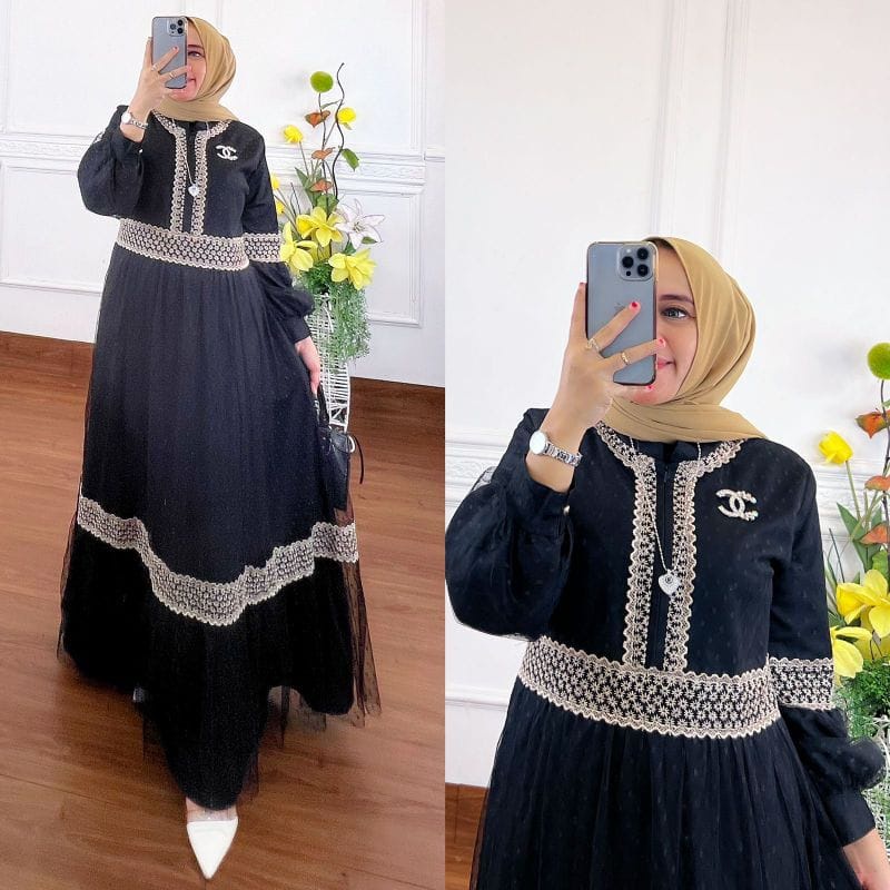 COD - Khalisa Dress Gamis Tille Dotty Full Puring Aksen Renda Brukat Ld 110 Fit To XL Fashion Muslim Wanita Gaun Maxy Maxi Pesta Kondangan Termurah-4
