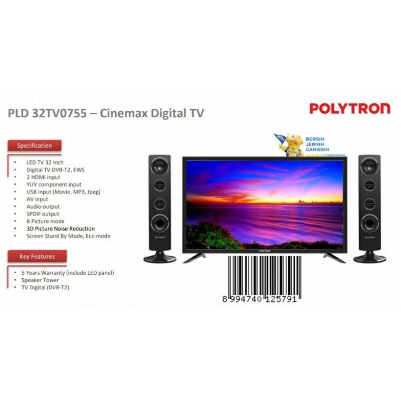 TV LED POLYTRON 32 inch 32TV0755 PLD32TV0755 Digital TV Speaker Tower GARANSI RESMI