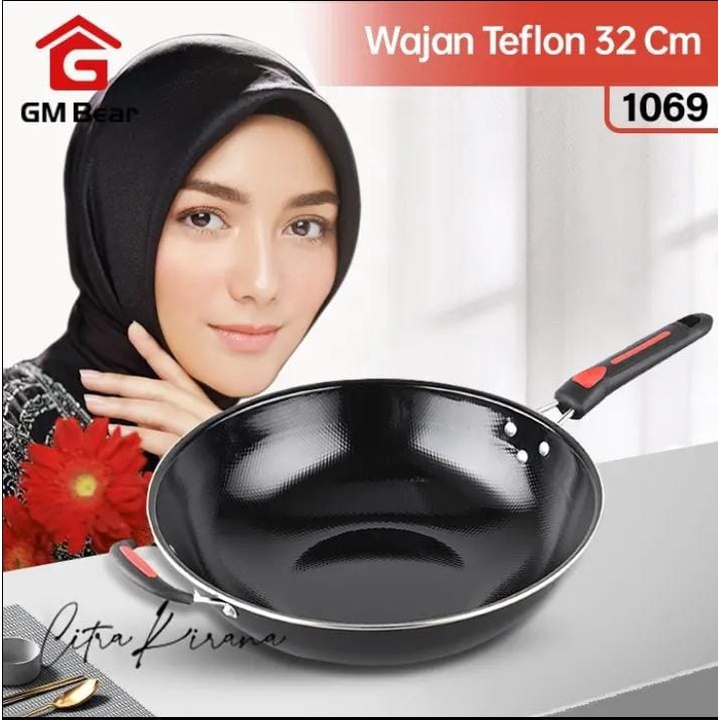 GM Bear Wajan Teflon Gagang Merah 32cm 1069-Wajan Penggorengan Teflon 32cm