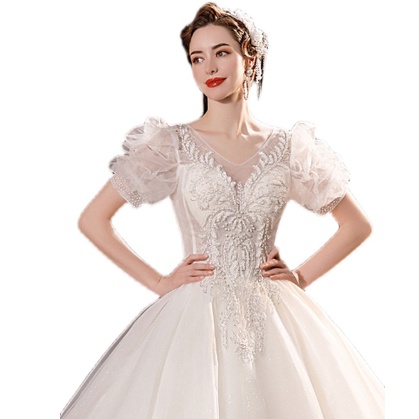 FAIRY TALE PRINCESS DEEP V NECK FRENCH LONG SLEEVE BRIDAL STARLIGHT WEDDING DRESS