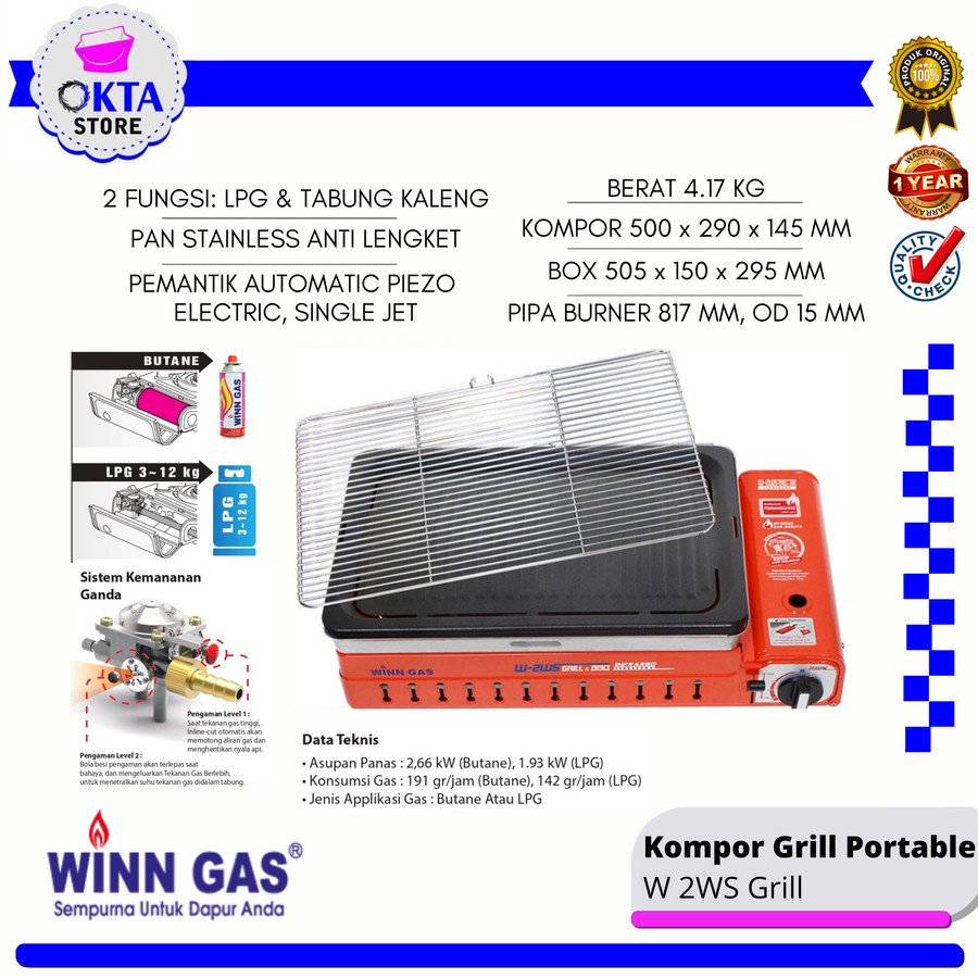 Winn Gas Kompor Portable Grill W2WS - 2 Fungsi / Paket Selang Regulator W88/W900