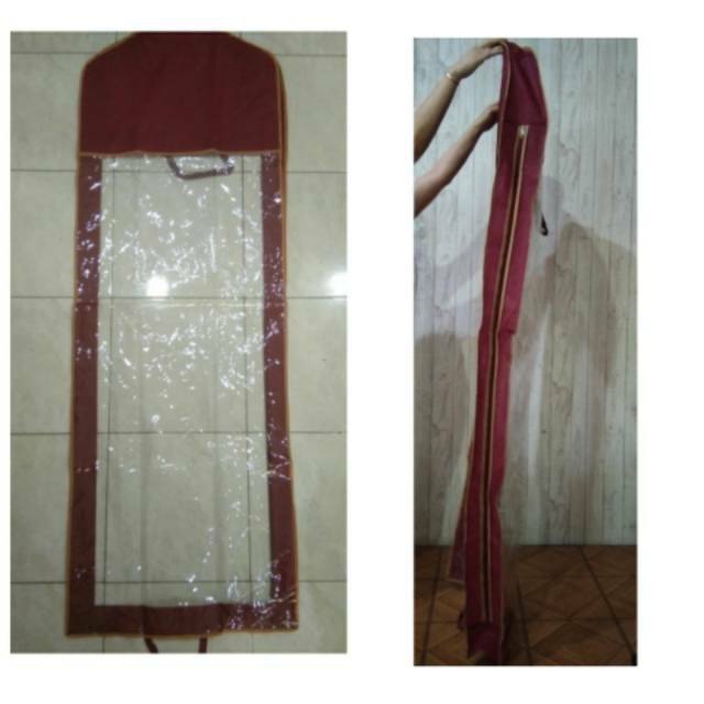 Cover gaun baju pengantin / cover gantungan baju gaun / pelindung gaun merah maroon - 185Cm