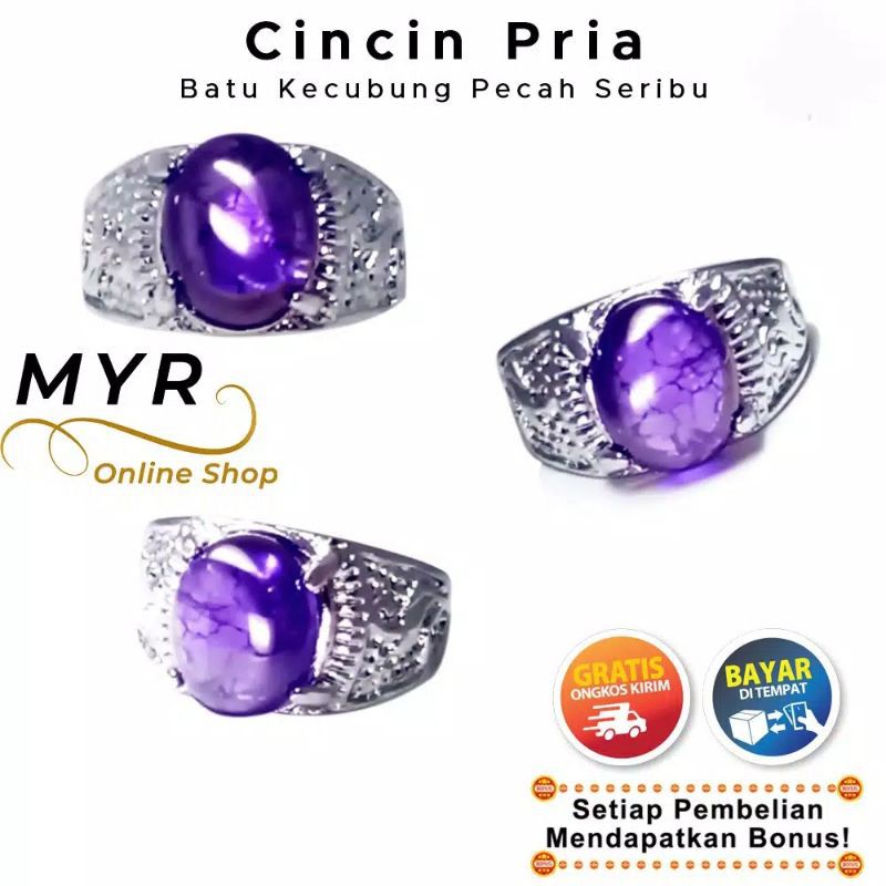 BISA COD Cincin Pria Batu Akik Kecubung Pecah Seribu Keren Mewah Mulia Asli Alam Ring Rodium