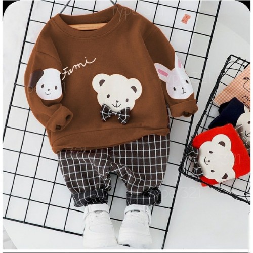 BEARKIDS (2-4 Thn) Baju Celana Setelan Atas Bawah Santai Coklat Lucu Anak Laki-laki Cowok Cowo