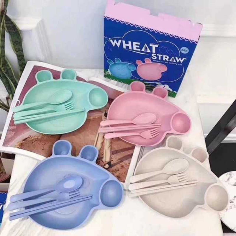 Piring Makan Set Anak Piggy Bahan Wheat Straw Food Grade / Tempat Makan Anak Bahan Jerami