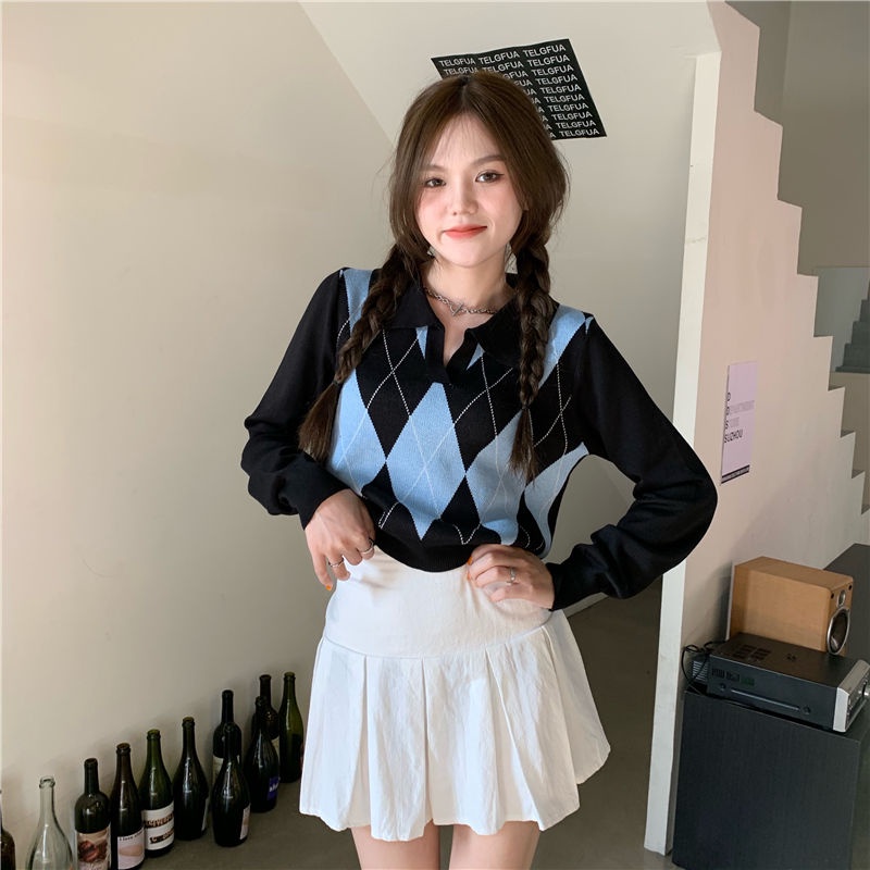 Atasan Crop Top Korea Rajut Wanita Lengan Panjang Sweater Wanita Kotak Kotak  gardigan wanita