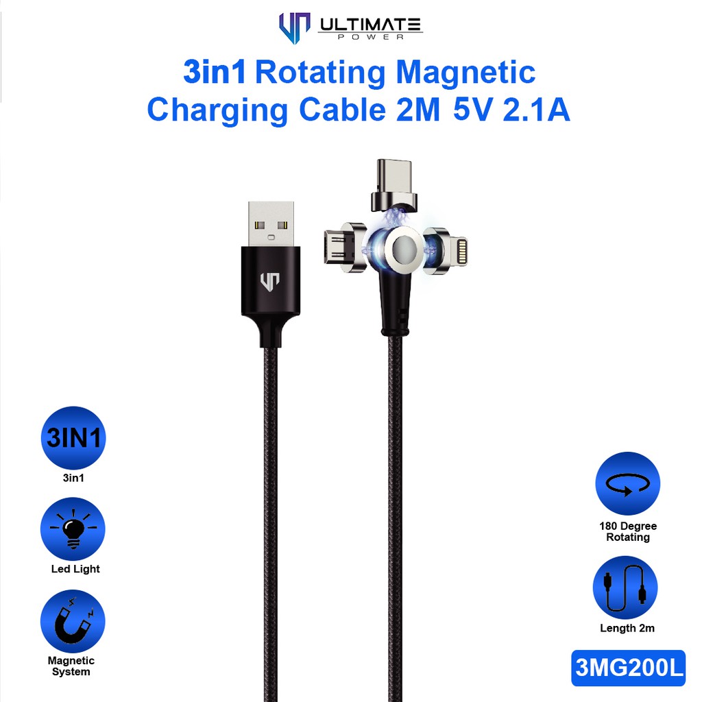 Data cable 3in1 Rotating MagneticMagnUltimate Power Charging Cable 2M 5V 2.1A 3MG200L