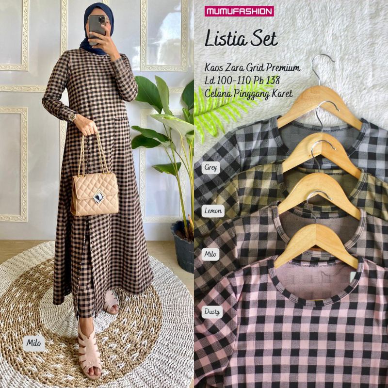 New Setelan Baju Gamis dan Celana Wanita Muslimah Motif Kotak2 LISTIA SET By Fashion Hijab Solo