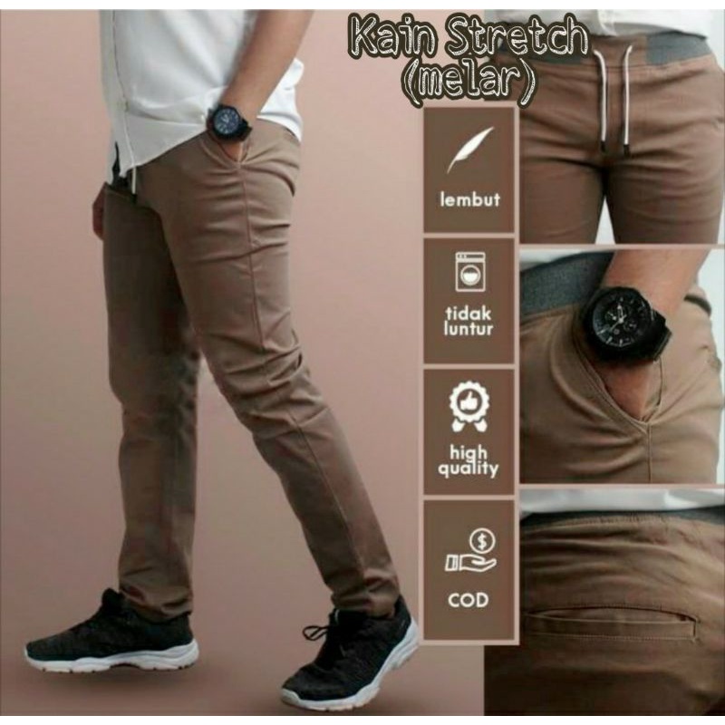 [KAIN MELAR] CELANA CHINOS PANJANG KARET PINGGANG RIP KOLOR