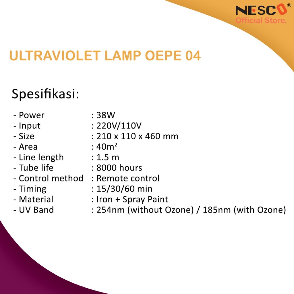 NESCO LAMPU STERILISASI  UV OZONE ANTI VIRUS DAN BAKTERI  UV Lamp OEPE-04, 38W