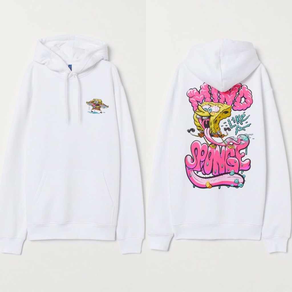 Jaket Hoodie HnM Spongebob Mind Like a Sponge White Original - Pullover HnM Spongebob Printed Hoodie