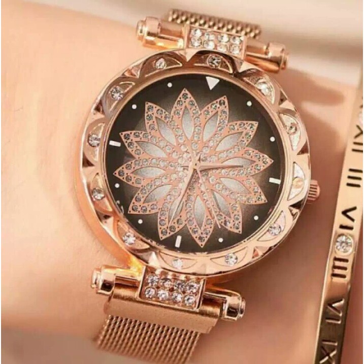 Jam tangan wanita tali magnet pasir motif bunga free batrai