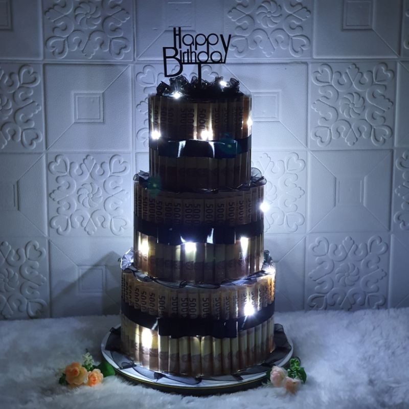 Birthday Cake | Kue Ulang Tahun | Anniversary Cake | Money Cake 3 Tier High + LED | Kue Uang Asli