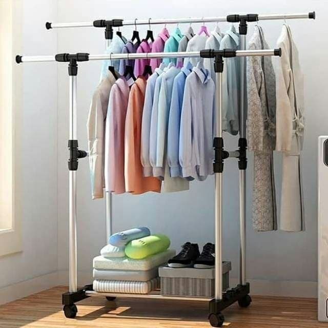 Laris_Unik PROMO Rak Gantungan Baju Stand Hanger Single stand hanger Double Gantungan Baju Rak Serbaguna Dengan 4 Roda Hitam Gantungan Berdiri Rak Serbaguna Hanger Baju