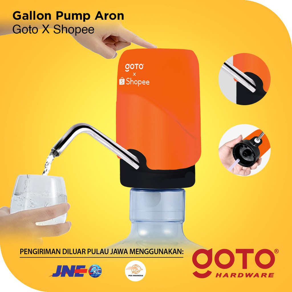 GOTO Aron X Shopee Pompa Galon Elektrik Pencetan Air Minum Otomatis Murah Dispenser Alat Pemompa Kompa Kran Pancuran Galon Bawah Baterai Cas Automatic Water Pump Electric USB Charger Portable Recharge Warna Orange Original Goto Hardware ok