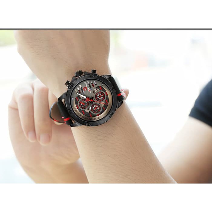Promo Jam Tangan Pria Cowok Naviforce NF9110 Original Leather Black Red Terlaris