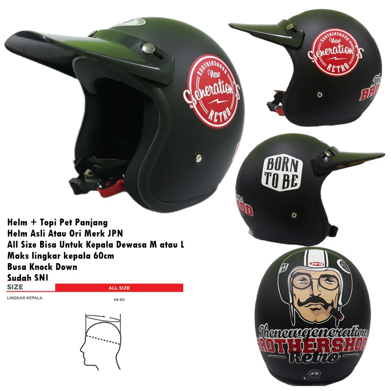 RudyHelm91 Helm Bogo Dewasa Retro Klasik JPN Generation Brotherhood Hitam Doff Merah Semi Cross Pet 
