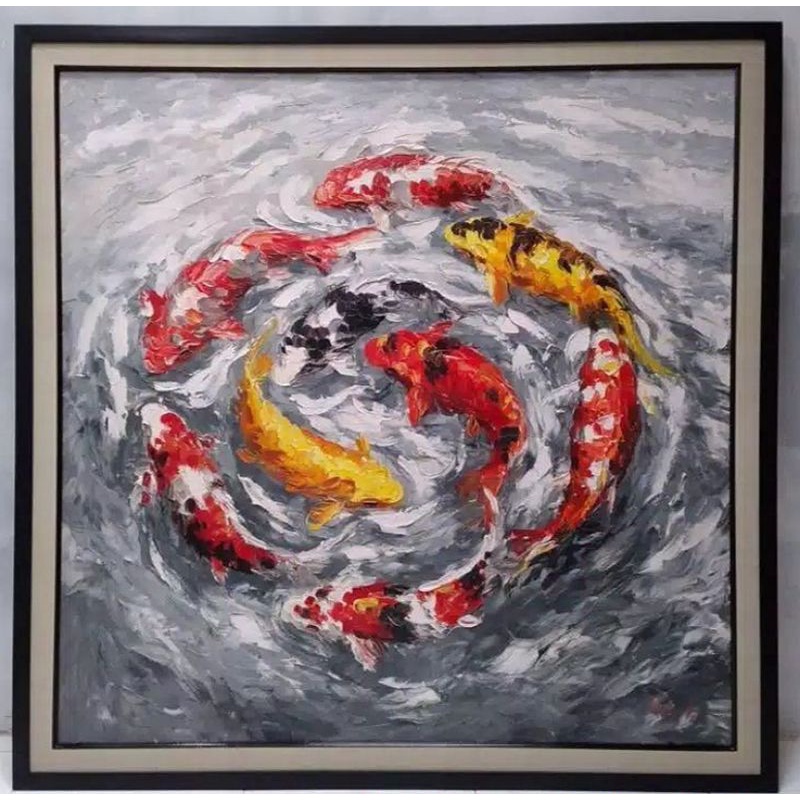 Lukisan Ikan Koi Fhenshui Palet + Bingkai Ukuran 90cm x 90cm