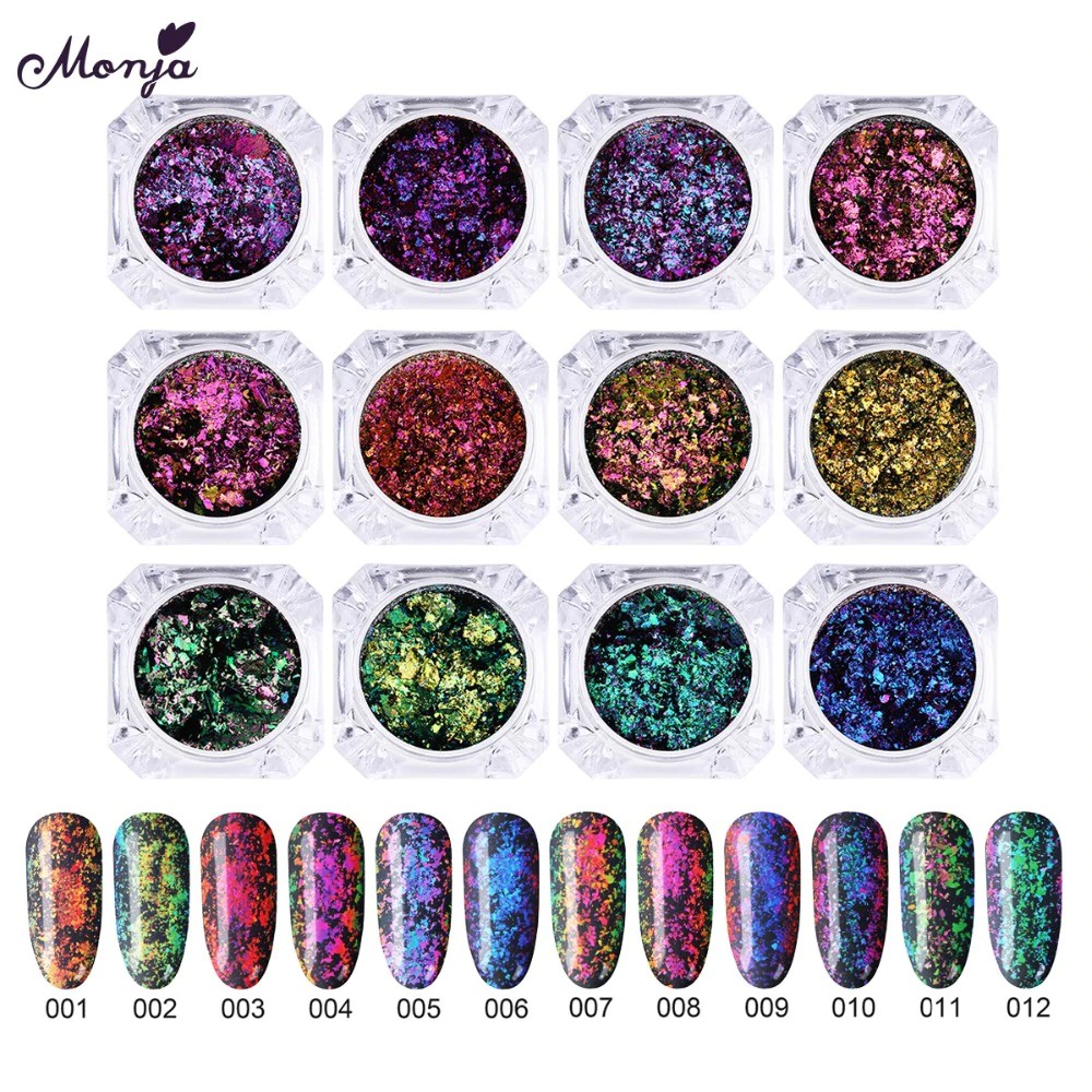 

Monja 12 Warna Nail Art Chameleon Glitter Cermin Ajaib Tidak Teratur Serpihan Payet Bubuk Debu DIY