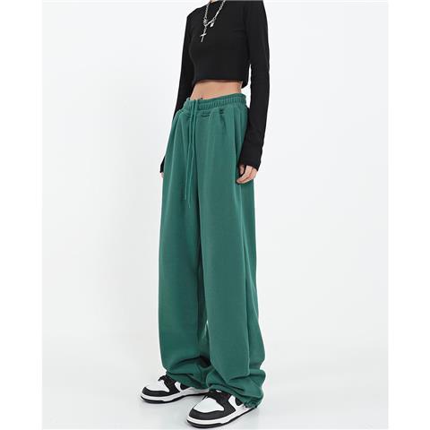 Suhao American Green Sweatpants Celana Wanita Kaki Lebar Celana Santai High Street