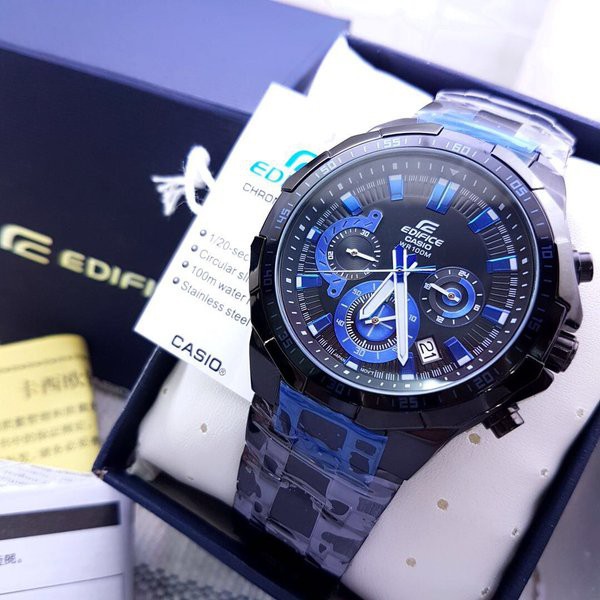 Casio Edifice Original Japan EFR 554D  - 1A2VUDF Chain Stainless Black Dial Blue