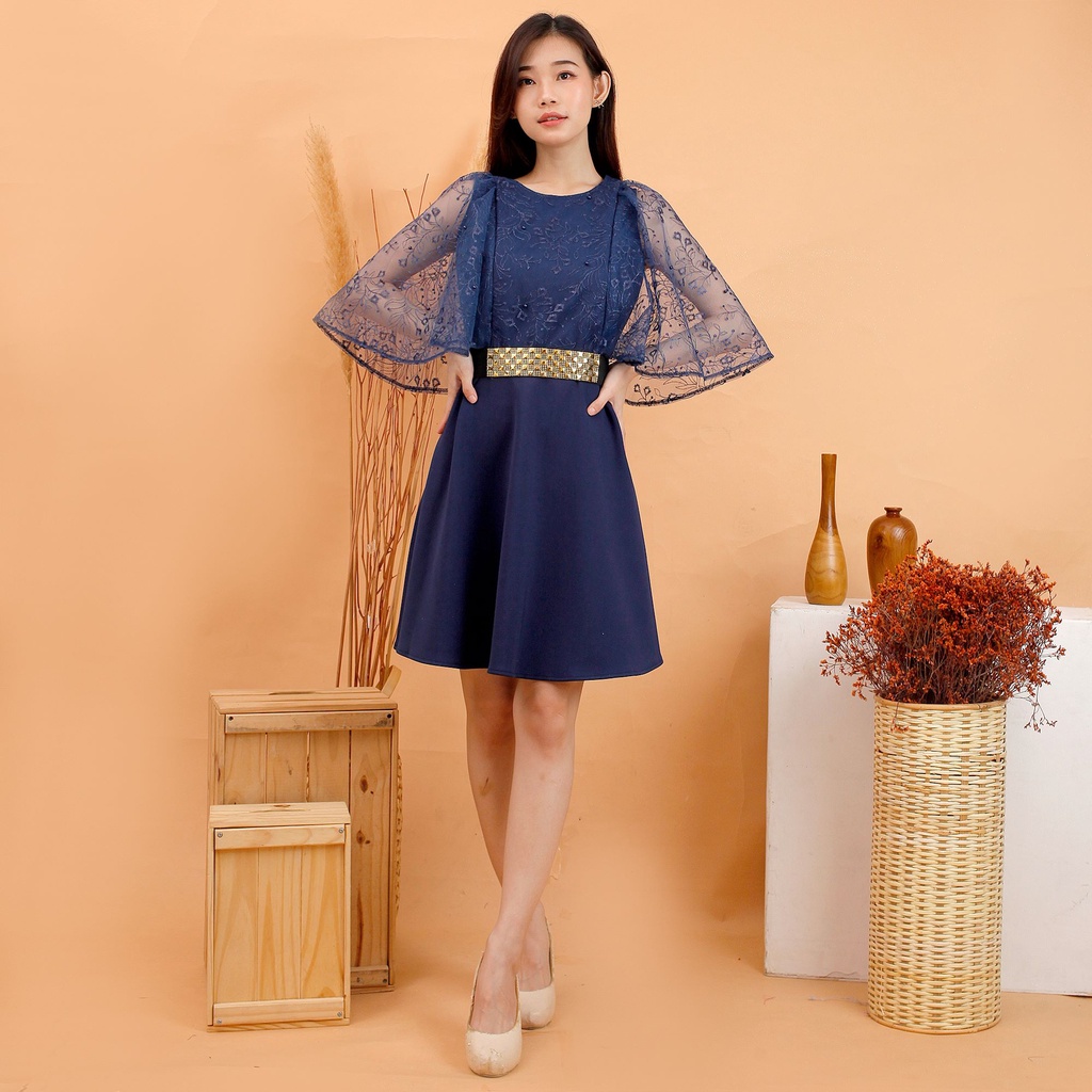 Kathryn collection # 4045, Dres rok mekar scuba import premium kombinasi tile gliter mutiara free belt