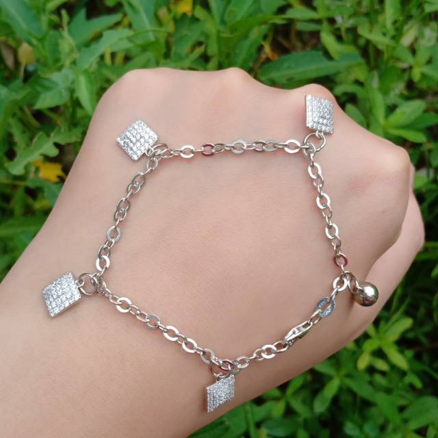 Gelang rantai nori + 4 mainan square full mp + 1 bel S925/ perhiasan perak 925 berlapis emas