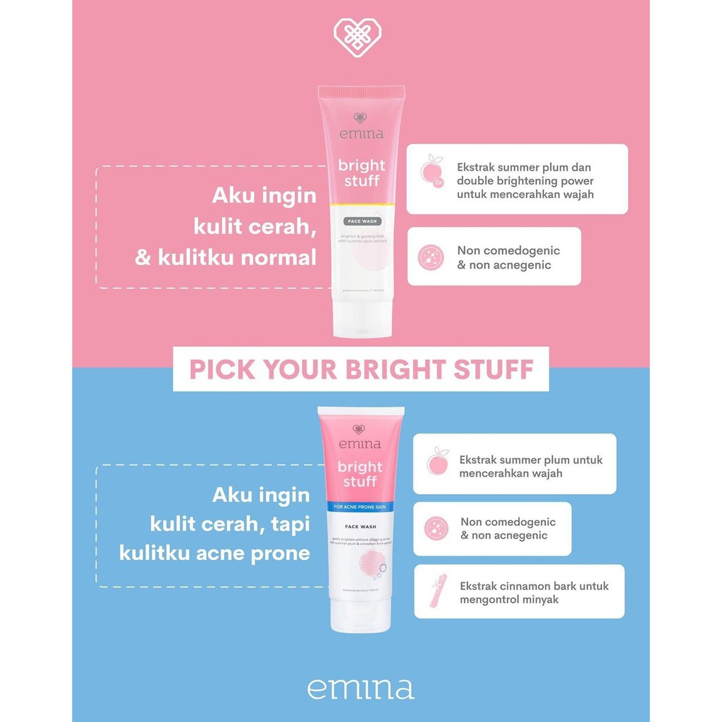 EMINA Bright Stuff Toner, Micellar, Moisurizing, Face Wash, Tone Up, Serum, Loose Powder, Face Scrub, Essence Mask - Original BPOM