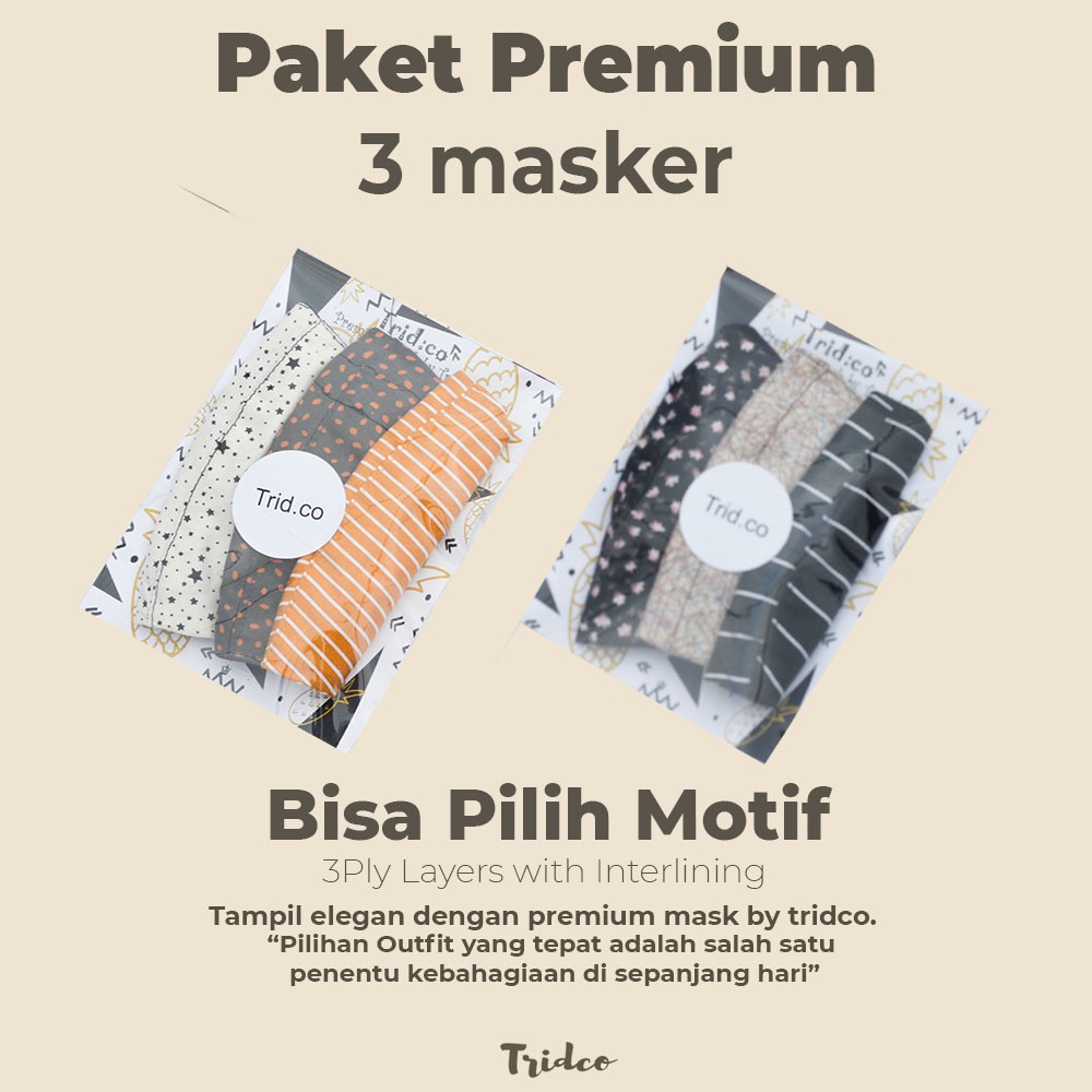 PAKET PREMIUM 3 MASKER - Masker Kain 3ply Ecer Kain Katun Jepang Hijab Non Hijab Motif Bunga Lucu