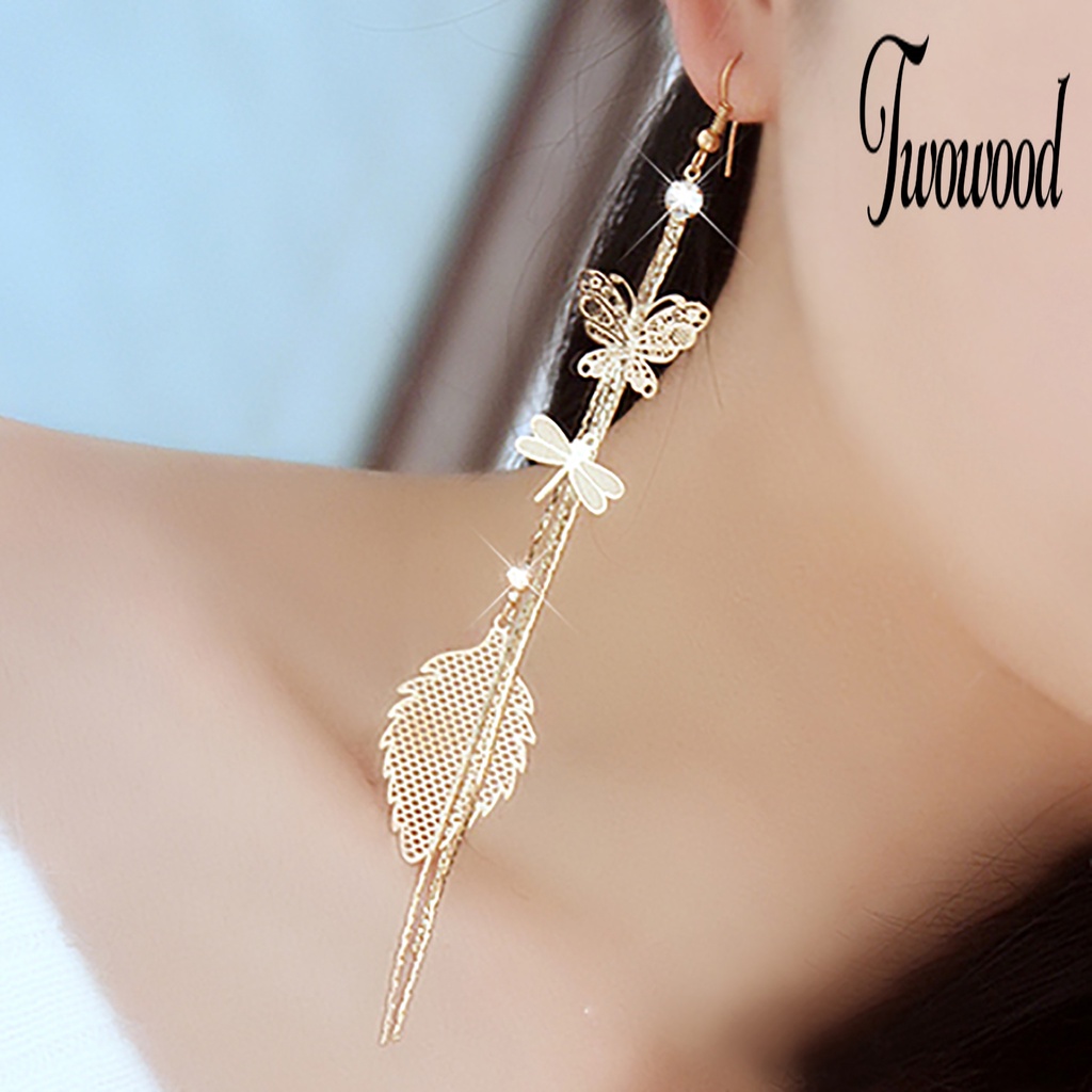 1 Pasang Anting Rantai Rumbai Desain Butterfly Dragonfly Leaf Linear Aksen Berlian Imitasi Untuk Wanita