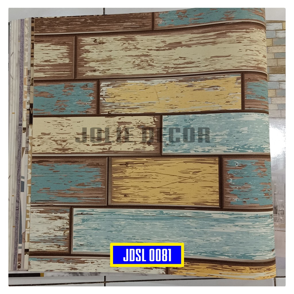 Wallpaper Dinding Vinyl Motif Kayu Palet Kasar Oranye Biru