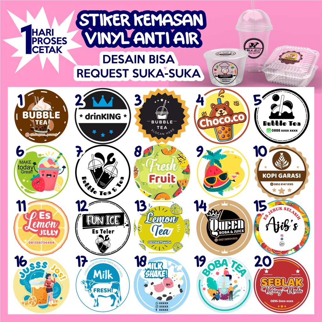 Cetak Stiker Label Kemasan Transparan Anti Air Cutting Bulat / Kotak Cocok Unt. Cup Minuman/Makanan
