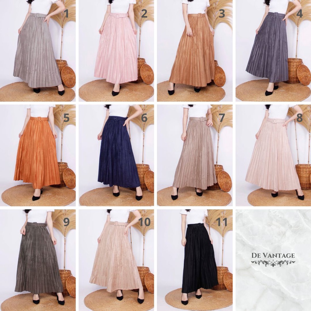 Rok Plisket Suede / Rok Gesper Panjang / Pleated Suede Skirt with Belt