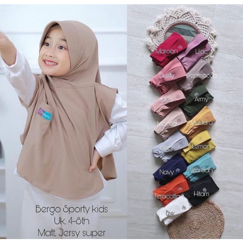 Hijab Sporty Anak / Hijab Olahraga Muslim Anak / Bergo Sport Anak Variasi Saku / Jilbab Olahraga Ana