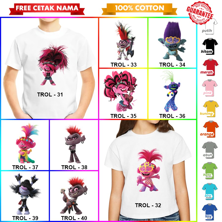 [FREE NAMA!!] Baju Kaos COUPLE  ANAK DAN DEWASA TROLL TROLLS BANYAK MOTIF