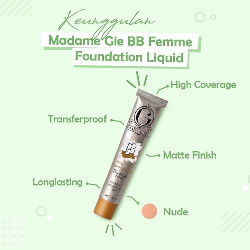 MADAME GIE BB Femme Foundation Liquid Indonesia / Primer Loose Powder Lipstick Eyeshadow Blush On Eyeliner Eyebrow Mascara Lipstick Lip Matte Gloss Balm Kutek / Facial Wash Toner Essence Serum Sunscreen Moisturizer Cream Mask Masker Body / Lipill Paket