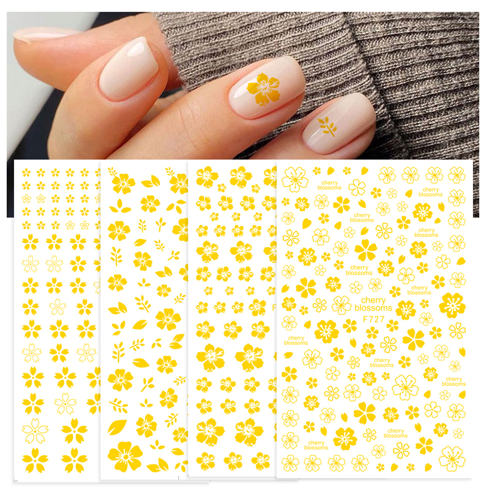 MXBEAUTY DIY 3D Cherry Blossoms Nail Sticker Leaves Manicure Nails Art Decoration Bronzing Gold White Adhesive Slider decals Sakura Nail decal