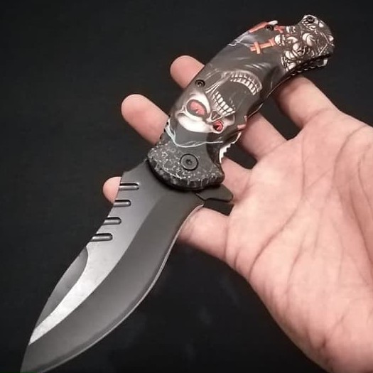 PISAU LIPAT P1244 FOLDING KNIFE MOTIF UNIK SKULL SURVIVAL KIT