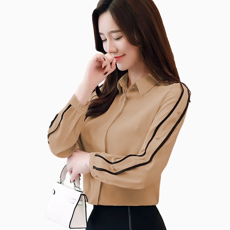Kemeja lengan Panjang wanita Gaya Korea Variasi list tangan - XSHOP Maria