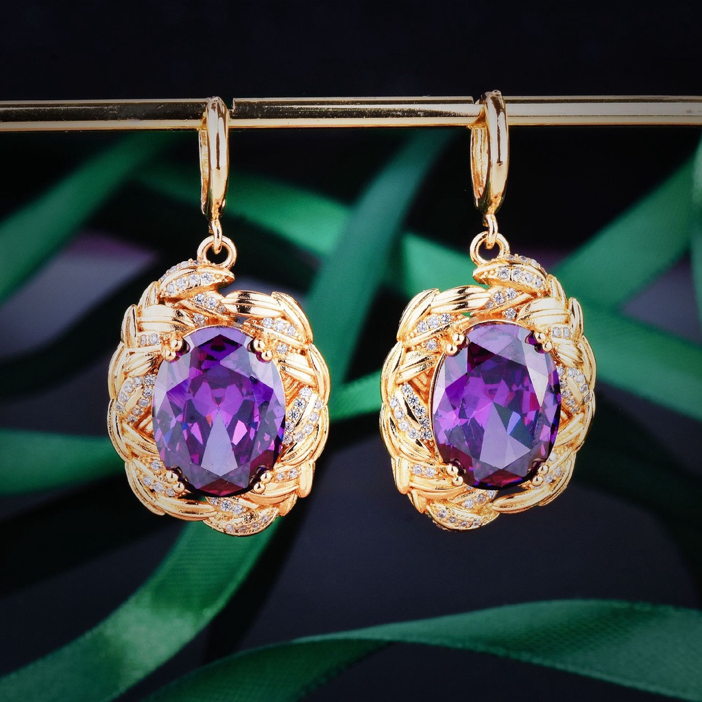 Goldkingdom Perhiasan Fashion 24K Bangkok Aksesoris Ready Stock Mitologi Yunani Cabang Zaitun Amethyst Set Berlian Ungu Kalung Anting Cincin