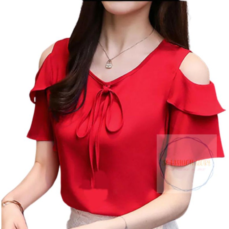 SCFA NR ANTIKSY - Baju Natal Christmas Wanita Sabrina Murah Blouse Atasan warna merah Motif pita Rum
