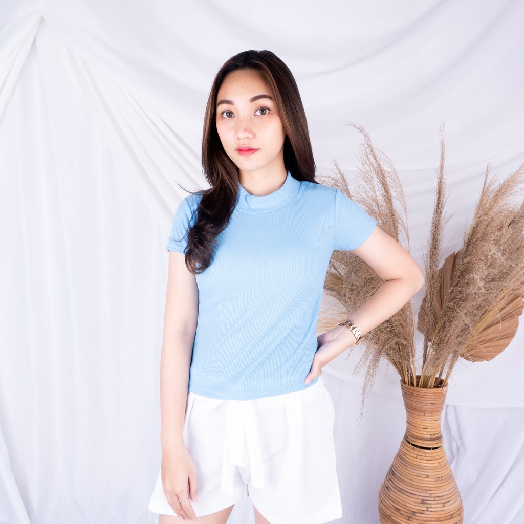 Turtleneck Carenina RIB / Tshirt Kaos Turtle Neck Wanita-BIRU