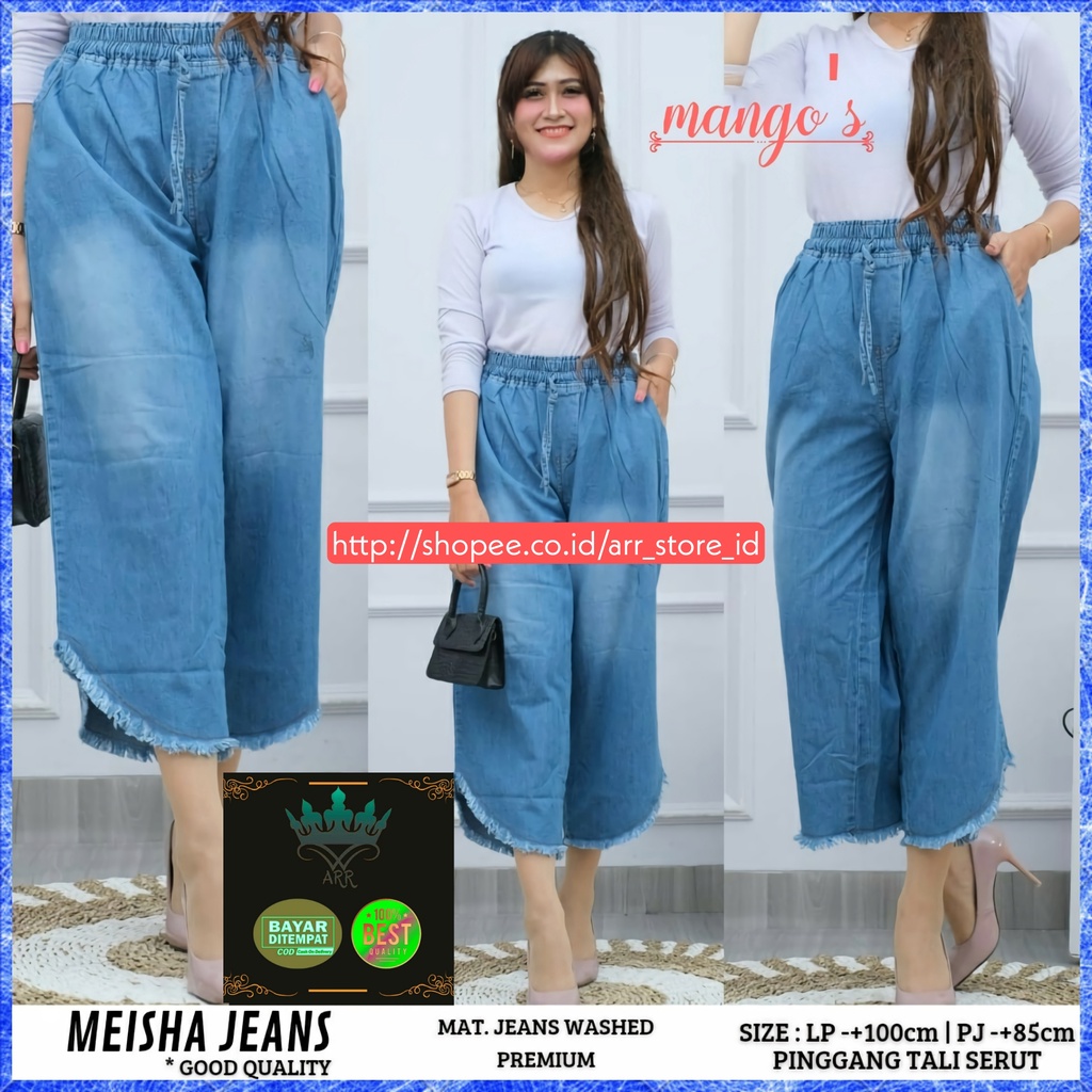 Meisha Celana Kulot Panjang Jeans Jens Jins Wanita Jumbo Rawis Pinggang Karet Hight Waist Kekinian Lp 80-100 P 85 Allsize