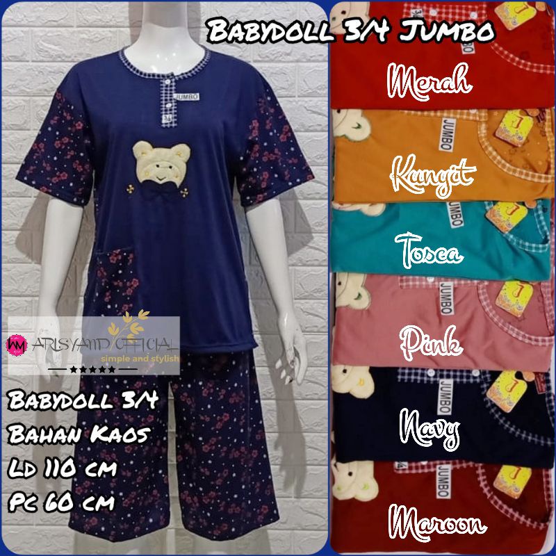 AM | Babydoll 3/4 Jumbo JheJhe Bunga Bear | Babydoll Kaos Lengan Pendek Celana Pendek