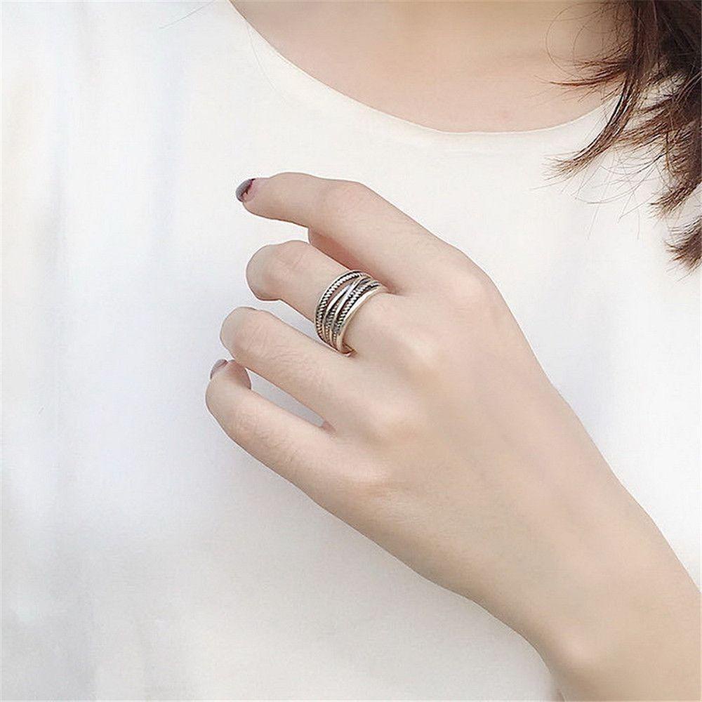 R-flower Opening Rings Rantai Besar Bohemian Cincin Jari Lapis Warna Silver